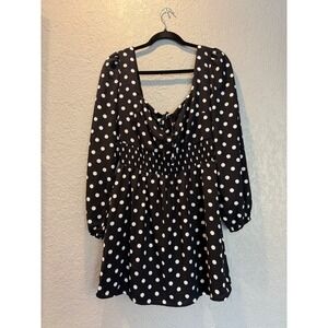 Urban Outfitters Black White Polka Dot Smocked Mini Dress Long Puff Sleeve M